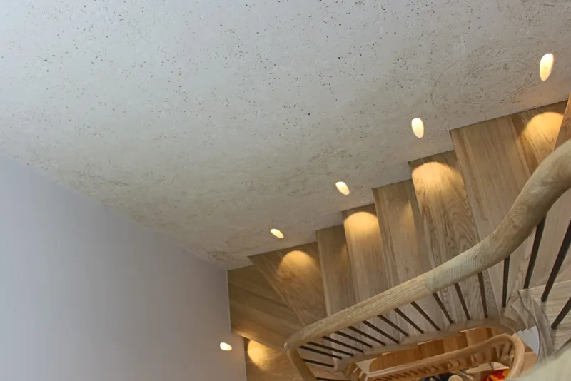 Staircase: Recessed step lights along a curved timber staircase