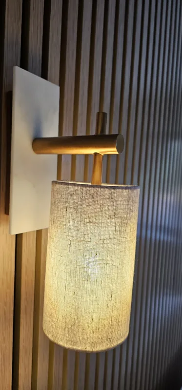 Hallway: Fabric wall light on slatted panelling