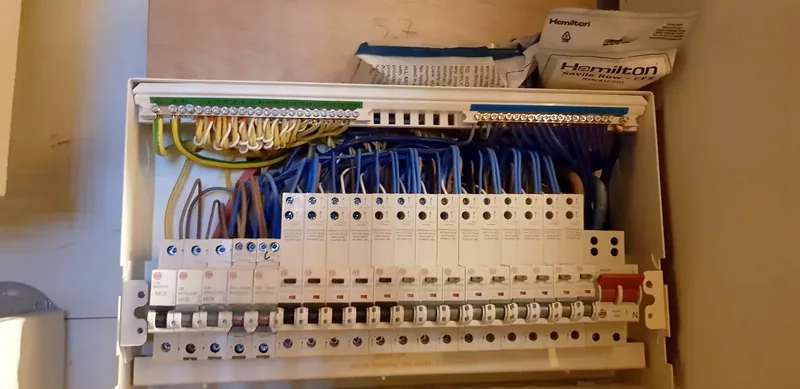 Close-up of neat wiring inside a new consumer unit